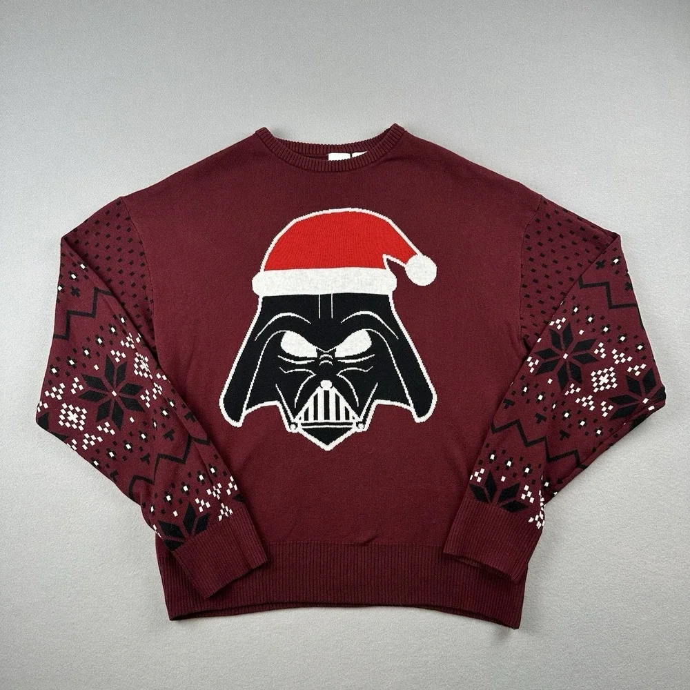 Disney 100 Starwars Round Neck Pullover Sweater Mens M Burgundy Cotton Blend